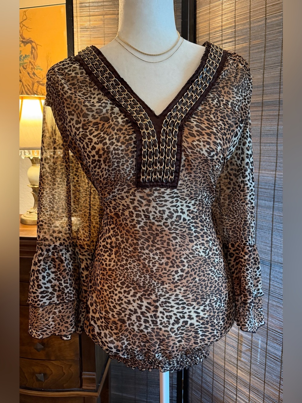 Evolution by JMS 3X Leopard Print Sheer Chain Trim Bell Sleeve Blouse 22W 24W